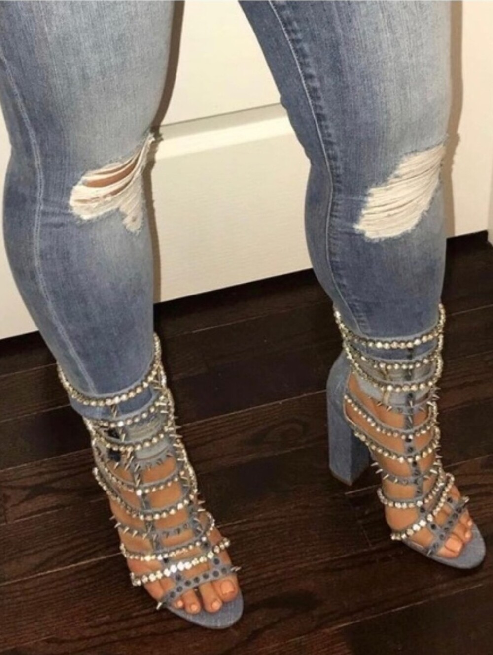 IYKYK I Am Jennifer Le RAZOR Strappy Denim High Heel Sandals with Crystals